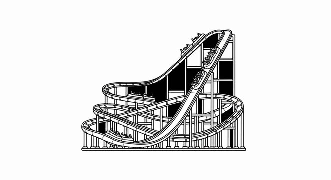Rollercoaster with cars ascending and descending on tracks in an amusement park