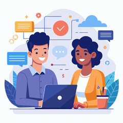 cloud computing concept vector illustration. Smiling team professional employees working together on computer discussing online technology data solutions at work. Two young busy diverse coworkers