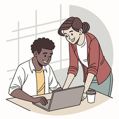 two business people working on laptop. Smiling team professional employees working together on computer discussing online technology data solutions at work. Two young busy diverse coworkers business