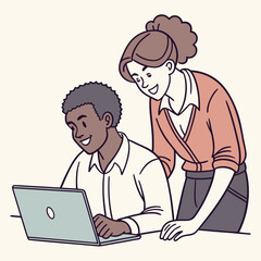 business people working on laptop. Smiling team professional employees working together on computer discussing online technology data solutions at work. Two young busy diverse coworkers business 