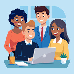 business people working together. Smiling team professional employees working together on computer discussing online technology data solutions at work. Two young busy diverse coworkers business people