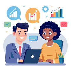 business man and woman with social network. Smiling team professional employees working together on computer discussing online technology data solutions at work. Two young busy diverse coworkers