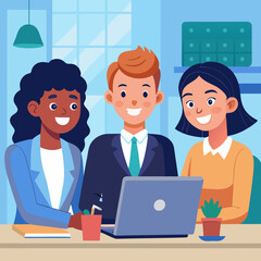 group of business people working. Smiling team professional employees working together on computer discussing online technology data solutions at work. Two young busy diverse coworkers business people