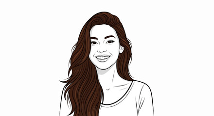 Naklejka premium A cheerful woman with long, flowing brown hair smiles broadly against a white background