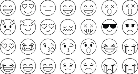 Black silhouette vector illustrations of emoji faces with varied expressions, symbolizing emotions, communication, and digital media design for creative and commercial projects.