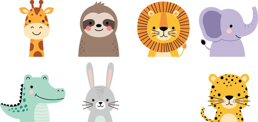 Cute Wild Animal Faces Giraffe Sloth Lion Elephant Bunny Vector Set © EdGe Creative