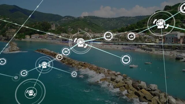 Pulse pulsing over water causing white overlay growing lines linking icons, showing coastal network