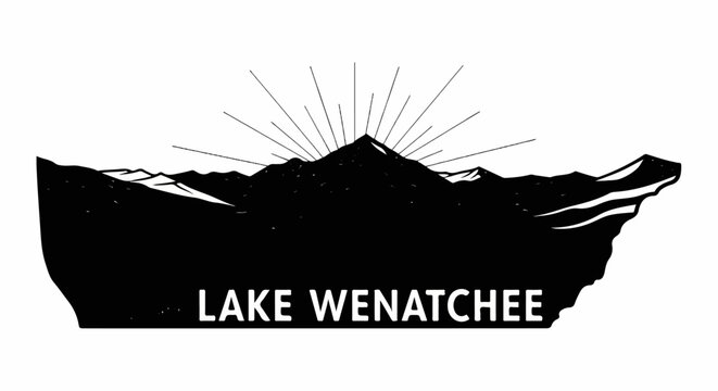 Silhouette of mountain range with sunburst above and text "LAKE WENATCHEE