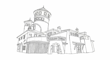 Fototapeta premium Whimsical building with a tall tower, arched entrance, and sign reading 