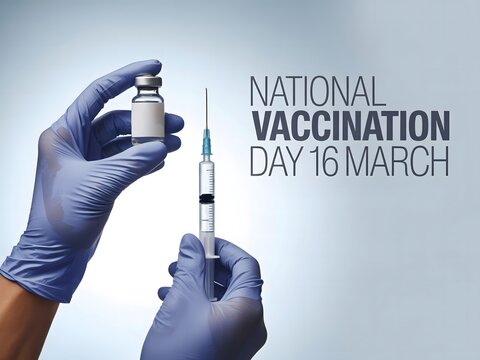 Hands in blue gloves holding vaccine and syringe on national vaccination day
