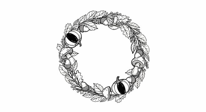 Ornate circular arrangement of autumnal elements, including leaves, acorns, mushrooms, and gourds