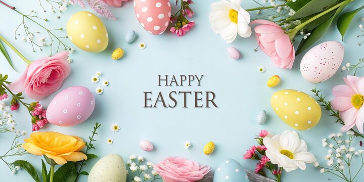 Happy Easter greeting card with pastel eggs flowers and nests on white background.
