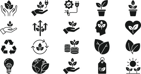 Eco sustainability solid icon set with environment protection green energy and nature symbols © EdGe Creative