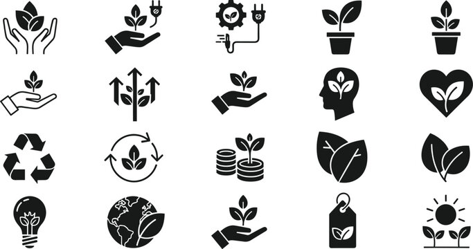 Eco sustainability solid icon set with environment protection green energy and nature symbols