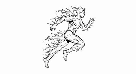 A black and white illustration of a man running, with water splashing from his body