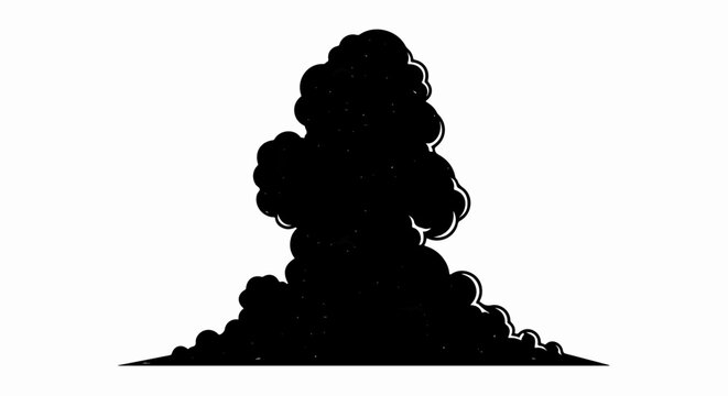 A stylized black silhouette of a mushroom cloud against a white background