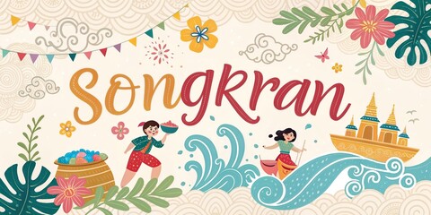 Fototapeta premium Songkran festival colorful typography banner with water splashes flowers and Thai celebration mood.