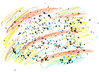 Colorful wax pastel spiral shavings from sharpener, pieces and scribble, isolated on white