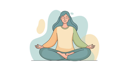Obraz premium Woman meditating in lotus position with serene expression and calm demeanor, illustration of peaceful yoga practice from a front viewpoint