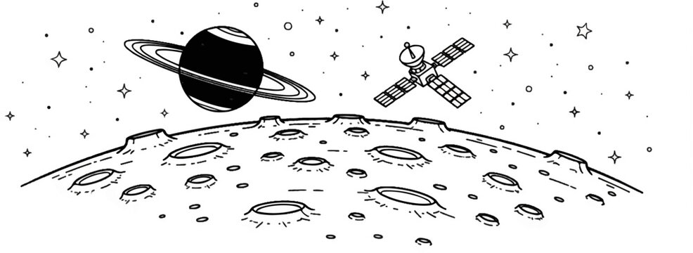Space scene with Saturn, satellite, and cratered lunar surface under stars
