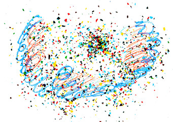 Colorful wax pastel spiral shavings from sharpener, pieces and scribble, isolated on white