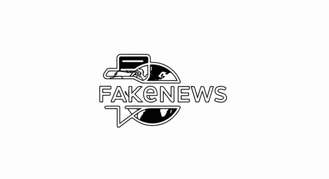 Abstract graphic with text "FAKeNEWS" over a stylized eye and computer