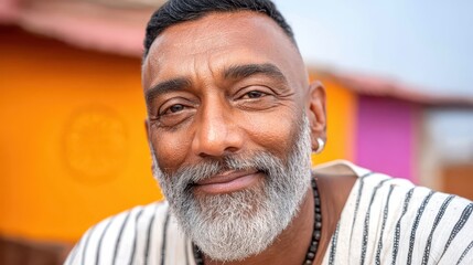 Fototapeta premium A man with a beard and gray hair is smiling. He is wearing a striped shirt and a necklace