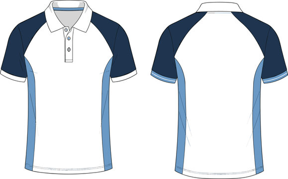 White and blue polo shirt vector technical drawing template with raglan sleeves and side panels for sports team uniform apparel design