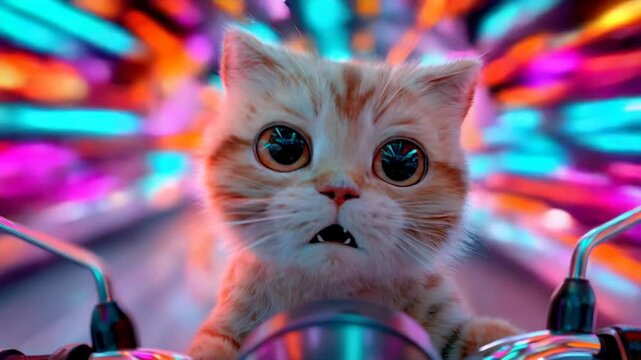 A cute cat on a motorcycle riding fast through a neon tunnel. A hilarious moment of adventure and the whimsical charm of a cat on a scooter!