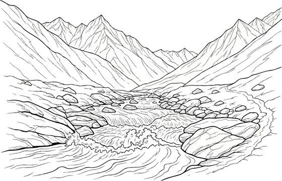 A striking line drawing depicts a rugged mountain valley with a turbulent river