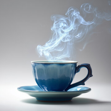 Steaming blue cup of coffee on saucer against neutral background  
