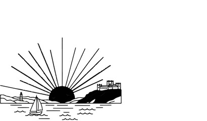 Sunrise over the ocean with a sailboat, lighthouse, and castle on a cliff