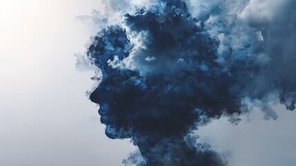 Abstract silhouette of a human head made of dark smoke and clouds, concept of mental overload and depression