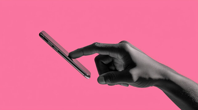 Hand touching smartphone screen with pink background  