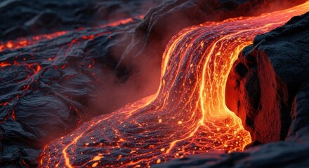 Molten Lava Flowing Through Rocky Terrain - A Fiery Landscape.