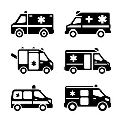 A diverse set of six side-view ambulance silhouettes, featuring various design details and emergency symbols.