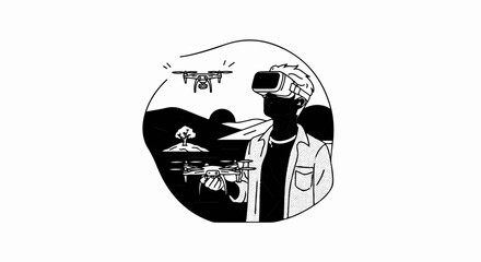 Obraz premium Person in VR headset controlling drones over a stylized landscape