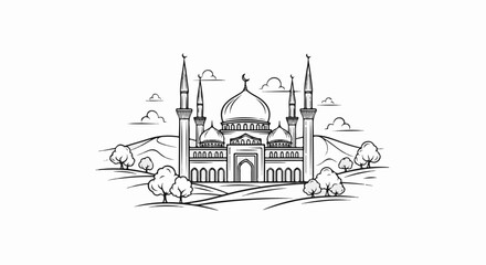 Fototapeta premium Stylized sketch of an ornate mosque with domes and minarets, amidst rolling hills and trees