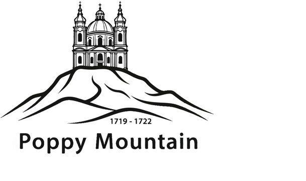 Ornate church structure atop a stylized hill, with dates and text below
