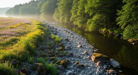 Scenic river flowing through lush green forest and grassy field under sunlight.