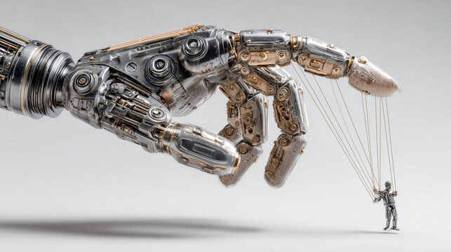 Robotic hand controlling tiny puppet figure with strings in gray setting  