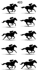 Fototapeta premium Set of 10 running horse and jockey silhouettes vector