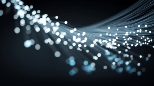 Abstract glowing fiber optic bundle transferring data at high speed, representing digital communication and modern technology