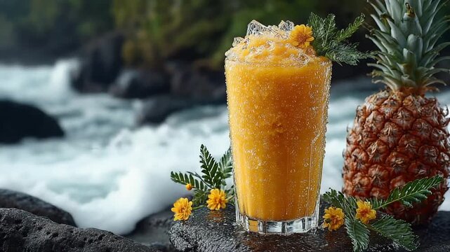 Refreshing tropical smoothie by a river with pineapple