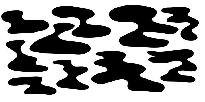 Black fluid puddle shapes with smooth wavy silhouettes and flowing liquid forms. Minimal vector splash set for backgrounds frames stains and modern graphic use