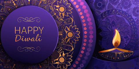 A vibrant diwali greeting featuring a lit lamp and ornate patterns © Usa