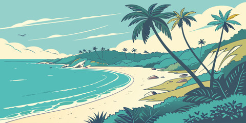 Peaceful tropical coastline vector illustration with palm trees and blue ocean scenery. Suitable for travel poster, tourism promotion and summer vacation background. © yossi