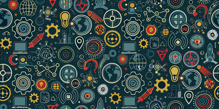 A colorful detailed pattern of technology and industrial icons