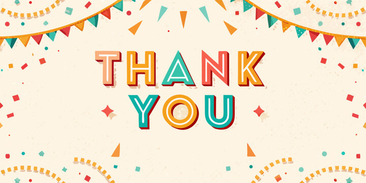 Festive thank you message with colorful bunting and confetti decorations