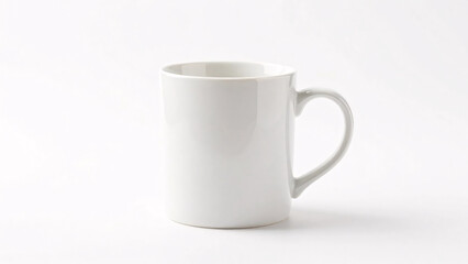 Fototapeta premium A classic, blank white ceramic coffee mug with a sturdy handle stands isolated on a clean white background, providing an ideal and versatile template for branding, sublimation, and merchandise design 